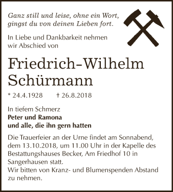 Traueranzeige von Friedrich-Wilhelm Schürmann von Super Sonntag SGH Mansf. Land
