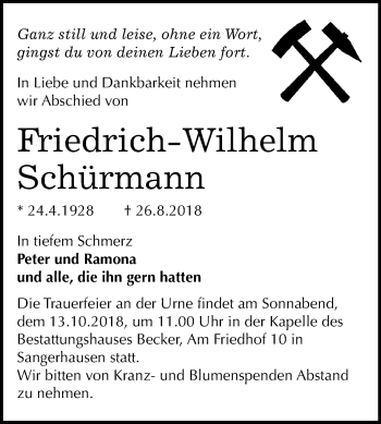 Traueranzeige von Friedrich-Wilhelm Schürmann von Mitteldeutsche Zeitung