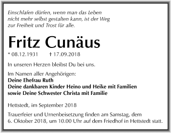 Traueranzeige von Fritz Cunäus von Mitteldeutsche Zeitung