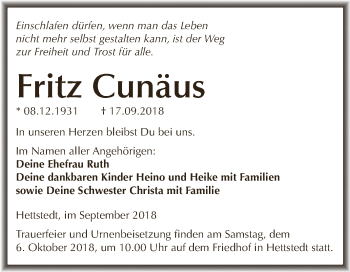 Traueranzeige von Fritz Cunäus von Super Sonntag SGH Mansf. Land