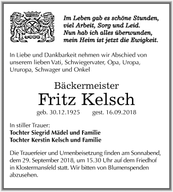 Traueranzeige von Fritz Kelsch von Mitteldeutsche Zeitung