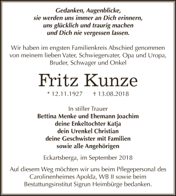 Traueranzeige von Fritz Kunze von WVG - Wochenspiegel NMB / WSF / ZTZ