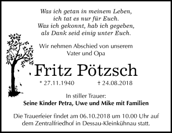 Traueranzeige von Fritz Pötzsch von Mitteldeutsche Zeitung Dessau-Roßlau