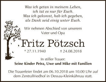 Traueranzeige von Fritz Pötzsch von WVG - Wochenspiegel Dessau / Köthen