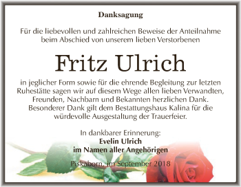 Traueranzeige von Fritz Ulrich von Super Sonntag SGH Mansf. Land