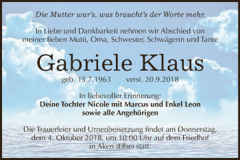 Traueranzeige von Gabriele Klaus von WVG - Wochenspiegel Dessau / Köthen