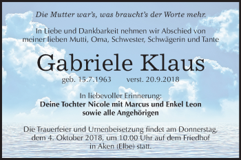 Traueranzeige von Gabriele Klaus von Mitteldeutsche Zeitung Köthen