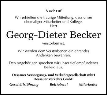 Traueranzeige von Georg-Dieter Becker von Mitteldeutsche Zeitung Dessau-Roßlau