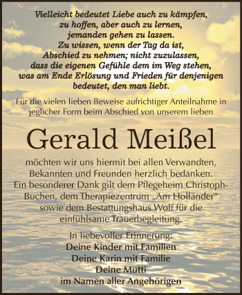 Traueranzeige von Gerald Meißel von WVG - Wochenspiegel NMB / WSF / ZTZ