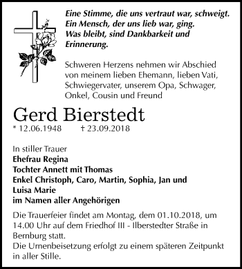 Traueranzeige von Gerd Bierstedt von Mitteldeutsche Zeitung Bernburg