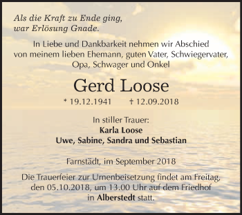 Traueranzeige von Gerd Loose von WVG - Wochenspiegel Merseburg
