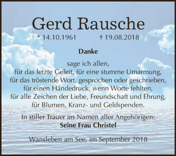 Traueranzeige von Gerd Rausche von Wochenspiegel Mansfelder Land