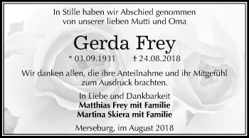 Traueranzeige von Gerda Frey von Mitteldeutsche Zeitung Merseburg/Querfurt