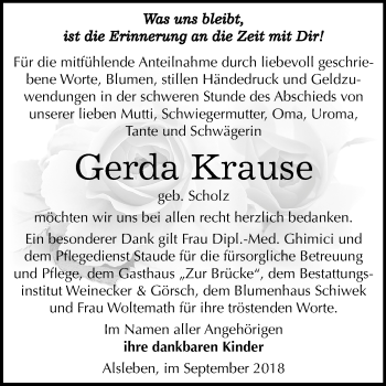 Traueranzeige von Gerda Krause von Mitteldeutsche Zeitung Bernburg