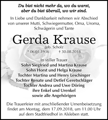 Traueranzeige von Gerda Krause von Mitteldeutsche Zeitung Bernburg