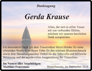 Traueranzeige von Gerda Krause von Mitteldeutsche Zeitung Quedlinburg