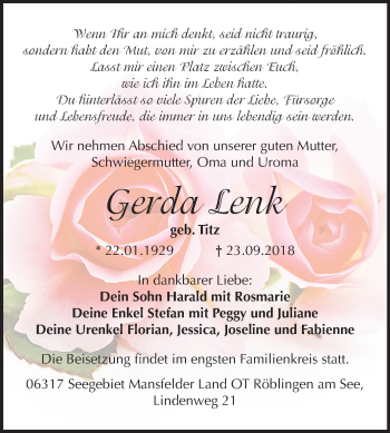 Traueranzeige von Gerda Lenk von Mitteldeutsche Zeitung