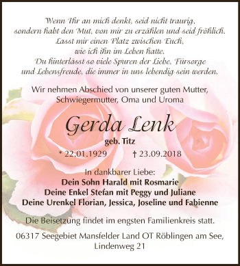Traueranzeige von Gerda Lenk von Super Sonntag SGH Mansf. Land
