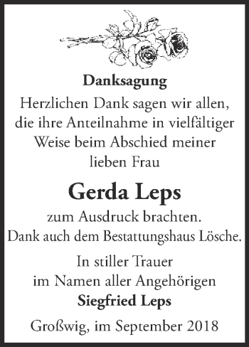 Traueranzeige von Gerda Leps von WVG - Wochenspiegel Wittenberg