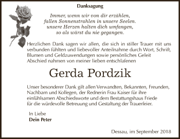 Traueranzeige von Gerda Pordzik von WVG - Wochenspiegel Dessau / Köthen