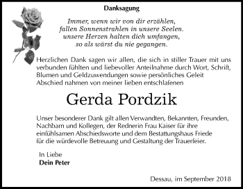 Traueranzeige von Gerda Pordzik von Mitteldeutsche Zeitung
