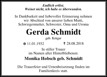 Traueranzeige von Gerda Schmidt von Mitteldeutsche Zeitung Dessau-Roßlau