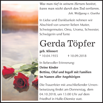 Traueranzeige von Gerda Töpfer von Mitteldeutsche Zeitung Halle/Saalkreis