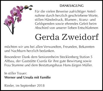 Traueranzeige von Gerda Zweidorf von Mitteldeutsche Zeitung Quedlinburg
