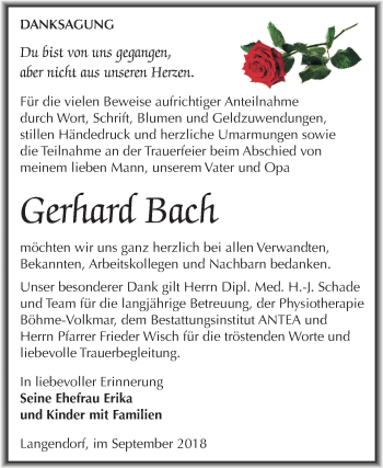 Traueranzeige von Gerhard Bach von Mitteldeutsche Zeitung Weißenfels