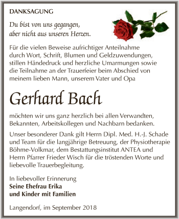 Traueranzeige von Gerhard Bach von WVG - Wochenspiegel NMB / WSF / ZTZ