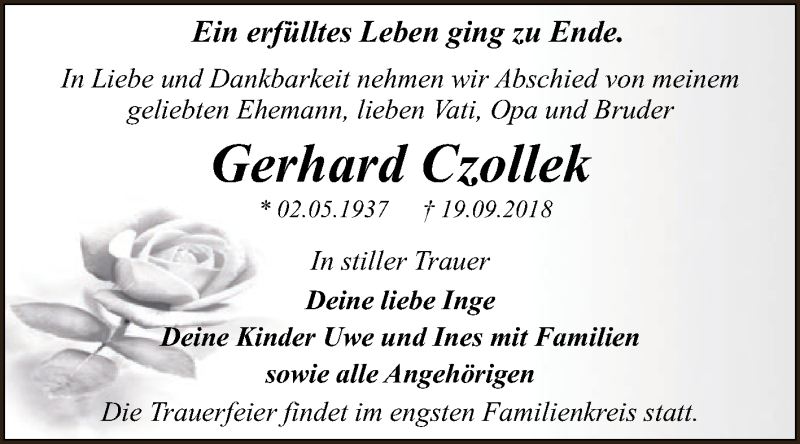  Traueranzeige für Gerhard Czollek vom 29.09.2018 aus WVG - Wochenspiegel Dessau / Köthen