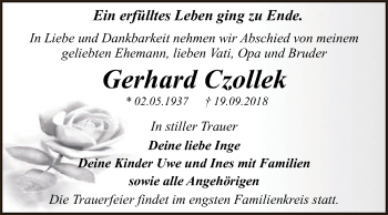 Traueranzeige von Gerhard Czollek von WVG - Wochenspiegel Dessau / Köthen