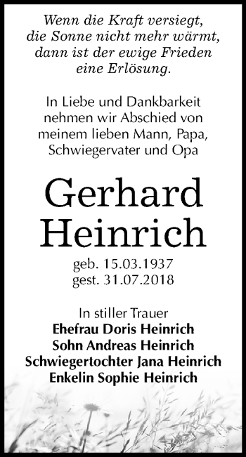 Traueranzeige von Gerhard Heinrich von Mitteldeutsche Zeitung Halle/Saalkreis