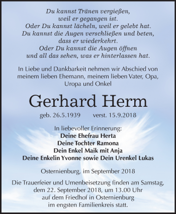 Traueranzeige von Gerhard Herm von Mitteldeutsche Zeitung Köthen