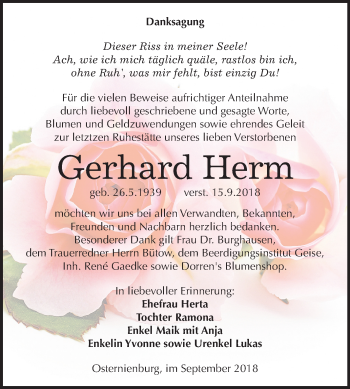 Traueranzeige von Gerhard Herm von Mitteldeutsche Zeitung Köthen