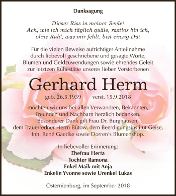 Traueranzeige von Gerhard Herm von WVG - Wochenspiegel Dessau / Köthen