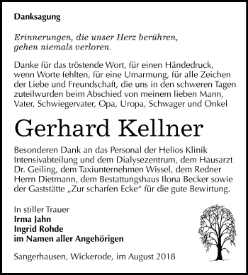 Traueranzeige von Gerhard Kellner von Mitteldeutsche Zeitung Sangerhausen