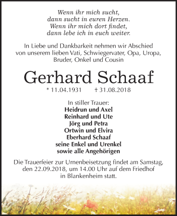 Traueranzeige von Gerhard Schaaf von Mitteldeutsche Zeitung