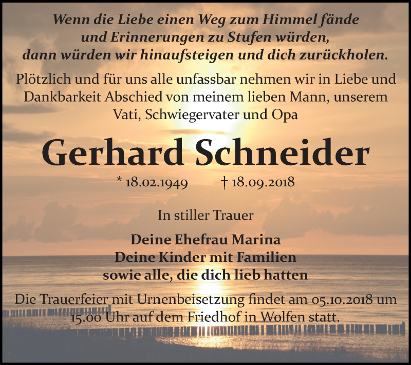  Traueranzeige für Gerhard Schneider vom 29.09.2018 aus Mitteldeutsche Zeitung Bitterfeld