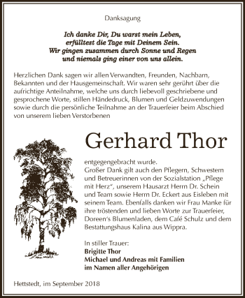 Traueranzeige von Gerhard Thor von Wochenspiegel Mansfelder Land