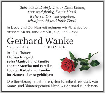 Traueranzeige von Gerhard Wanke von Mitteldeutsche Zeitung Weißenfels