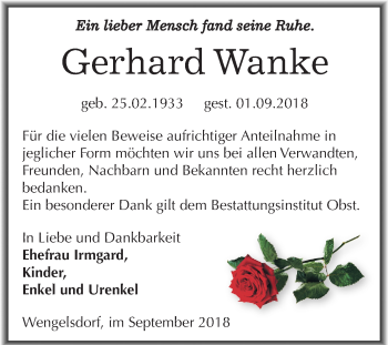 Traueranzeige von Gerhard Wanke von Mitteldeutsche Zeitung Weißenfels
