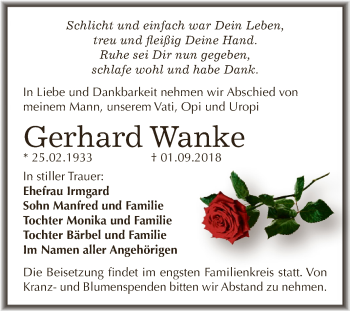 Traueranzeige von Gerhard Wanke von WVG - Wochenspiegel NMB / WSF / ZTZ