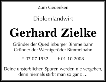 Traueranzeige von Gerhard Zielke von Mitteldeutsche Zeitung Quedlinburg