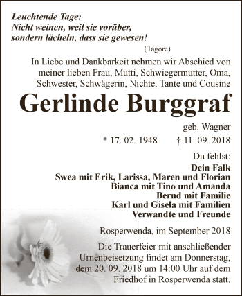 Traueranzeige von Gerlinde Burggraf von WVG - Wochenspiegel SGH