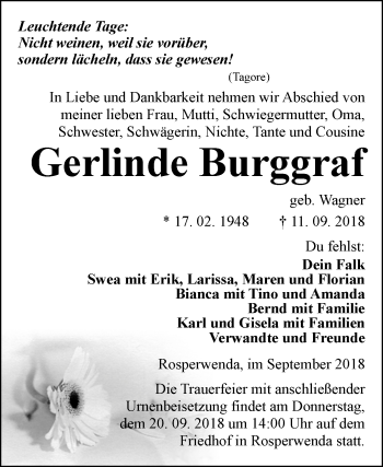 Traueranzeige von Gerlinde Burggraf von Mitteldeutsche Zeitung Sangerhausen