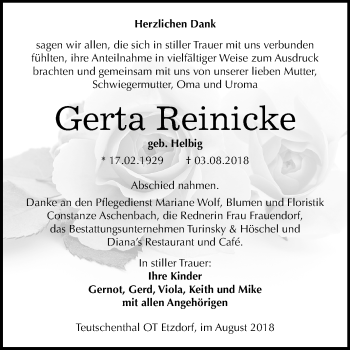 Traueranzeige von Gerta Reinicke von Mitteldeutsche Zeitung Halle/Saalkreis