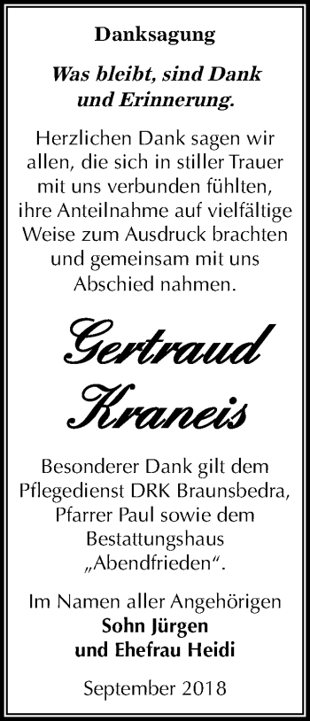 Traueranzeige von Gertraud Kraneis von Mitteldeutsche Zeitung Merseburg/Querfurt