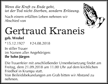 Traueranzeige von Gertraud Kraneis von Mitteldeutsche Zeitung Merseburg/Querfurt