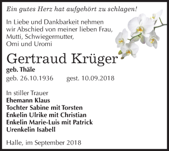 Traueranzeige von Gertraud Krüger von Mitteldeutsche Zeitung Halle/Saalkreis
